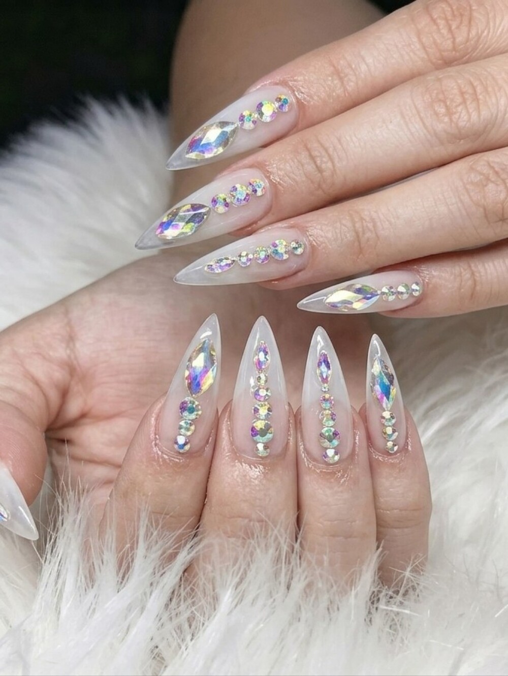 Long Milky White Rhinestone Stiletto Press-On Nails Set with Complete Prep Kit